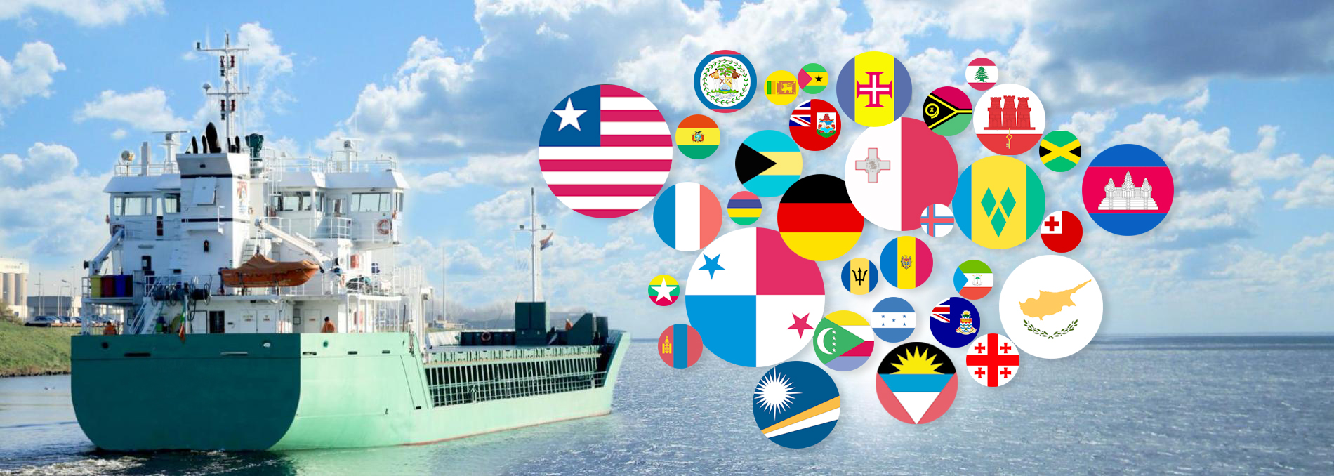 Cargo ship flying a national flag during international voyage – ship registration and flag state concept.